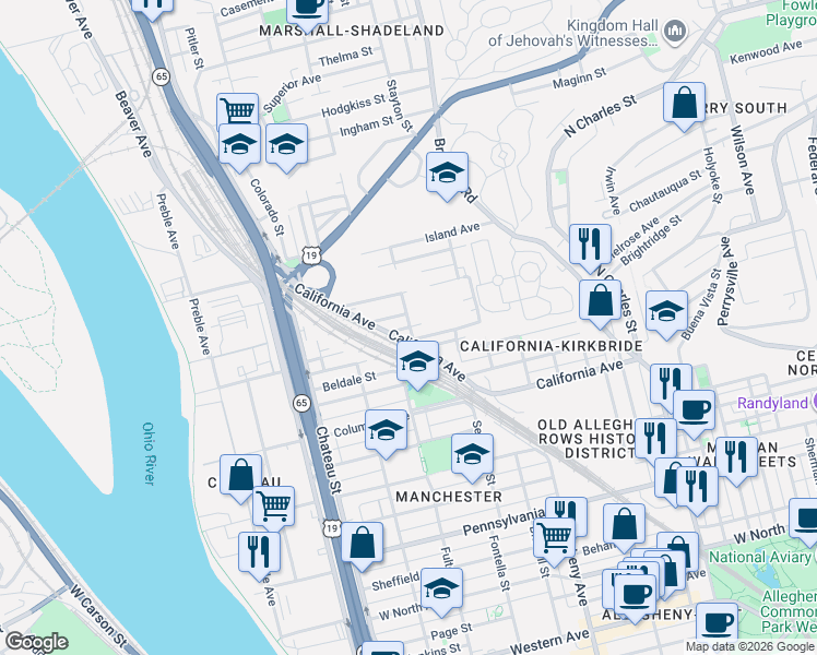 map of restaurants, bars, coffee shops, grocery stores, and more near 1304 Sigel Street in Pittsburgh