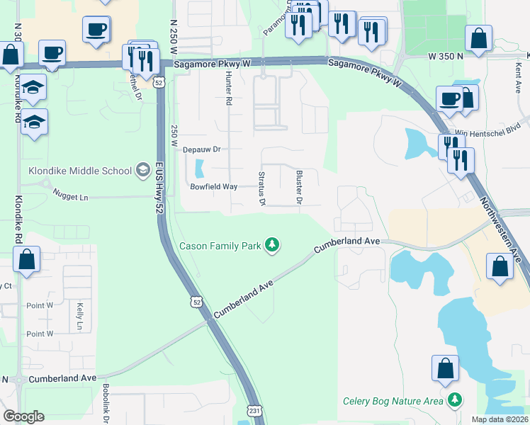 map of restaurants, bars, coffee shops, grocery stores, and more near 3108 Stratus Drive in West Lafayette