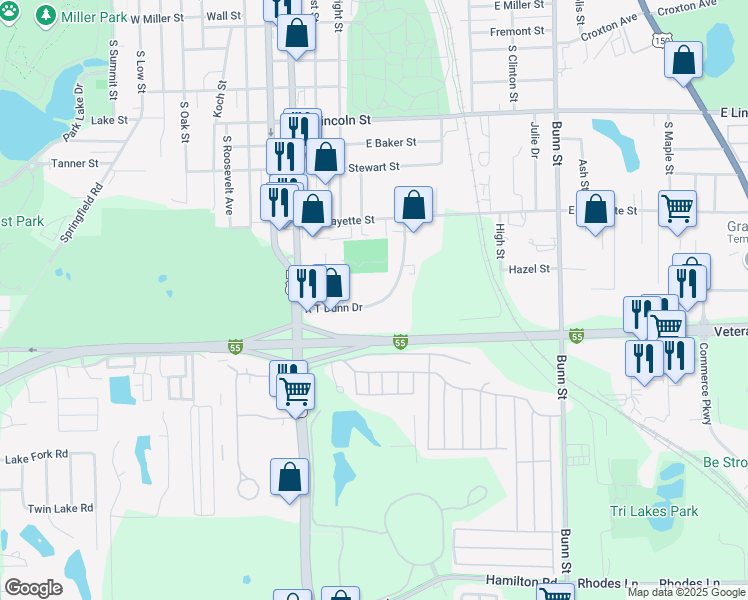 map of restaurants, bars, coffee shops, grocery stores, and more near 1705 R T Dunn Drive in Bloomington