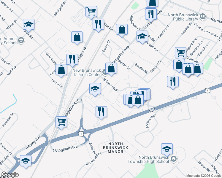 map of restaurants, bars, coffee shops, grocery stores, and more near 414 North Oaks Boulevard in North Brunswick Township
