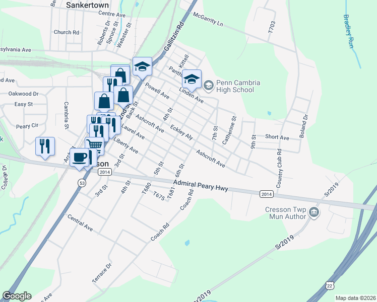 map of restaurants, bars, coffee shops, grocery stores, and more near 527 Ashcroft Avenue in Cresson