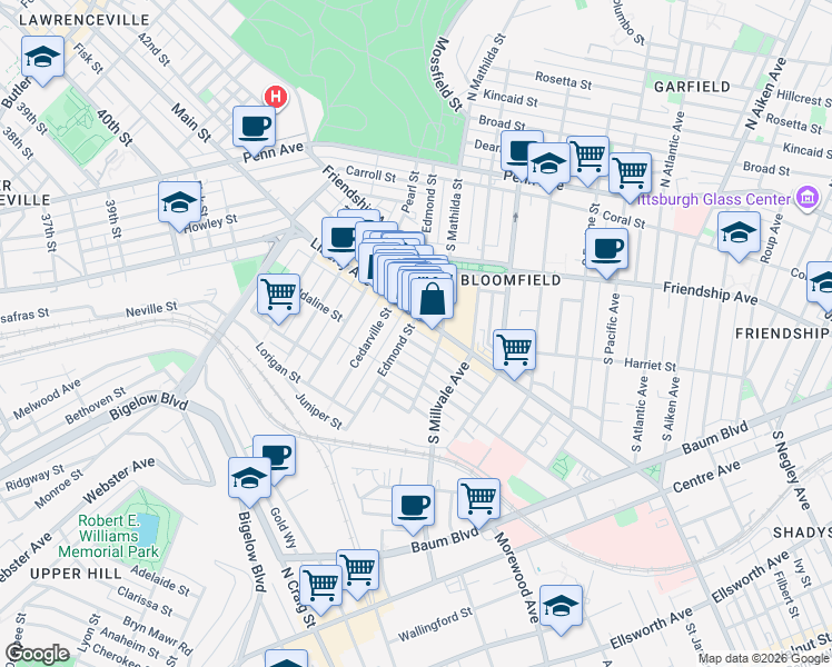 map of restaurants, bars, coffee shops, grocery stores, and more near 4750 Liberty Avenue in Pittsburgh