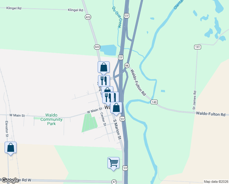 map of restaurants, bars, coffee shops, grocery stores, and more near 9 Bucyrus Street in Waldo