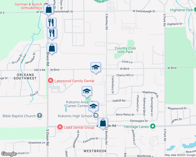 map of restaurants, bars, coffee shops, grocery stores, and more near 1901 West Boulevard Street in Kokomo
