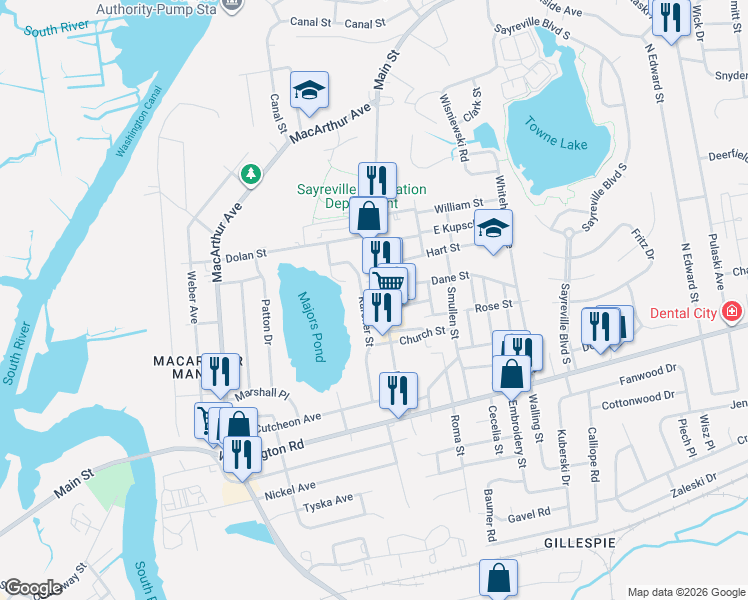 map of restaurants, bars, coffee shops, grocery stores, and more near 95 Main Street in Sayreville