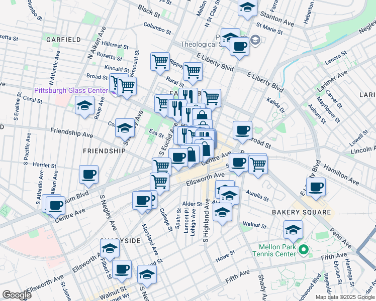 map of restaurants, bars, coffee shops, grocery stores, and more near 5933 Baum Boulevard in Pittsburgh