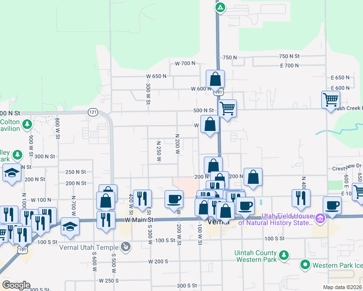 map of restaurants, bars, coffee shops, grocery stores, and more near 161 West 350 North in Vernal
