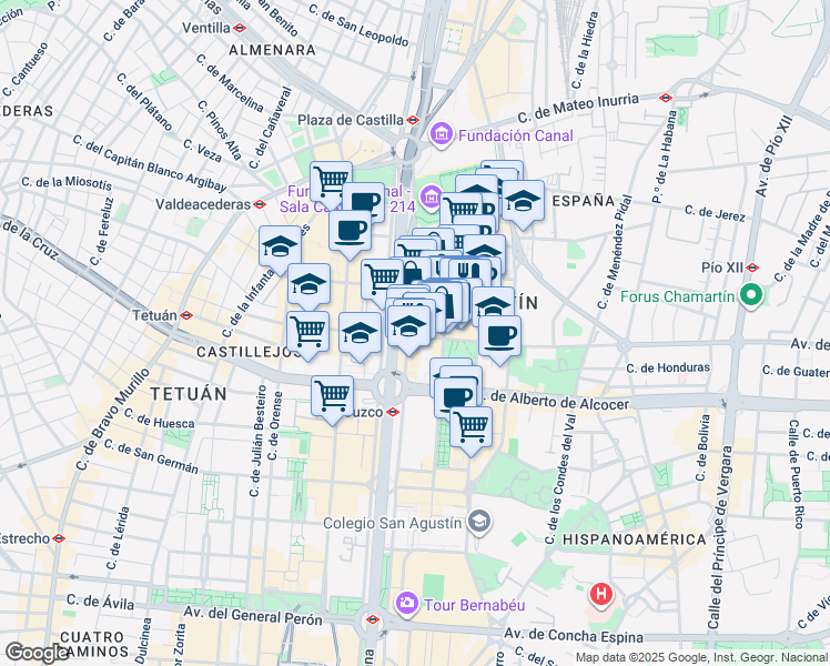 map of restaurants, bars, coffee shops, grocery stores, and more near 4 Calle de Juan Hurtado de Mendoza in Madrid