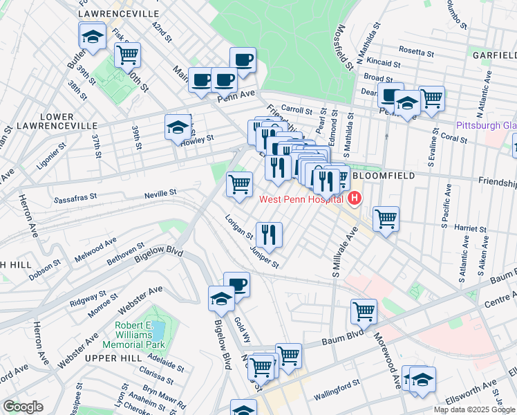 map of restaurants, bars, coffee shops, grocery stores, and more near 405 Sapphire Way in Pittsburgh