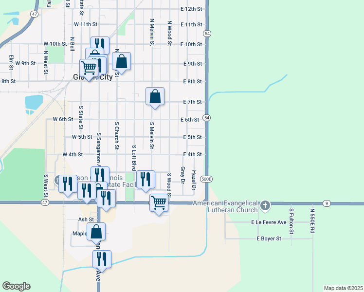 map of restaurants, bars, coffee shops, grocery stores, and more near 403 South Guthrie Street in Gibson City
