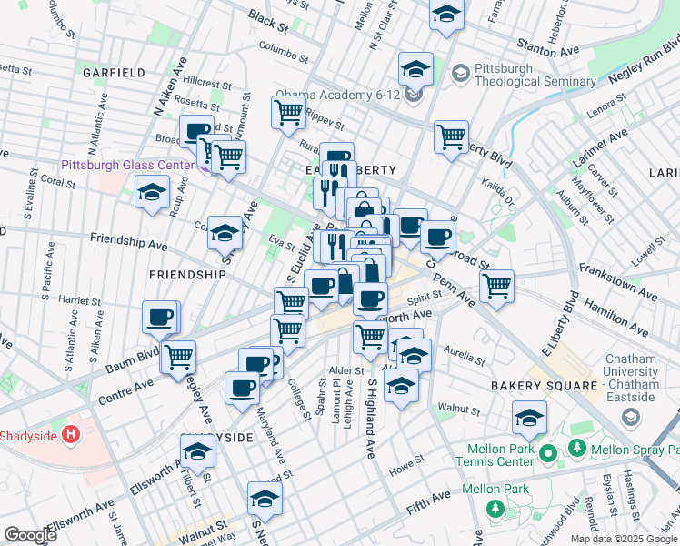 map of restaurants, bars, coffee shops, grocery stores, and more near 5933 Baum Boulevard in Pittsburgh
