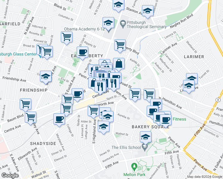 map of restaurants, bars, coffee shops, grocery stores, and more near 8 Centre Avenue in Pittsburgh