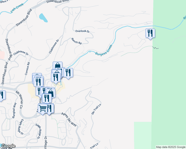 map of restaurants, bars, coffee shops, grocery stores, and more near 52 Storm Meadows Drive in Steamboat Springs
