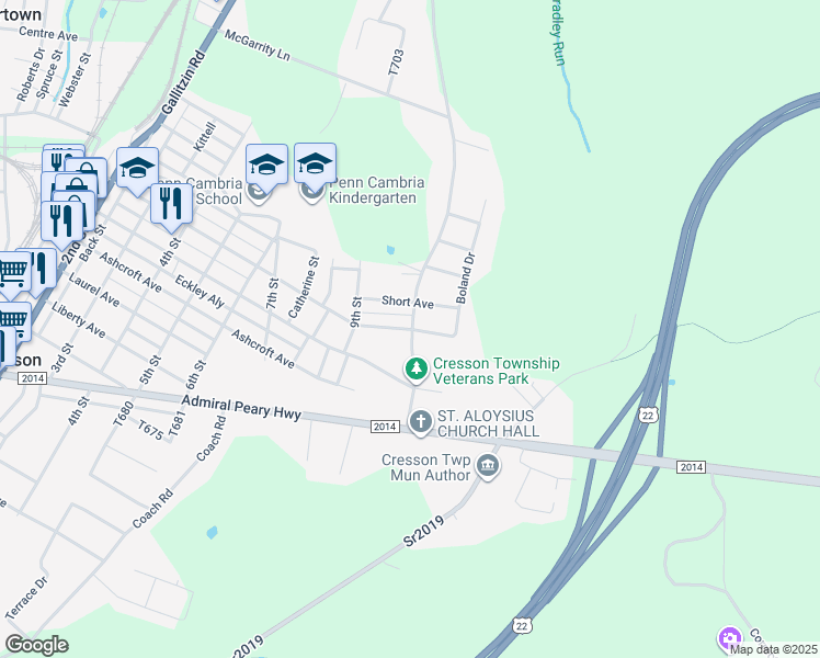 map of restaurants, bars, coffee shops, grocery stores, and more near 999 Powell Ave in Cresson
