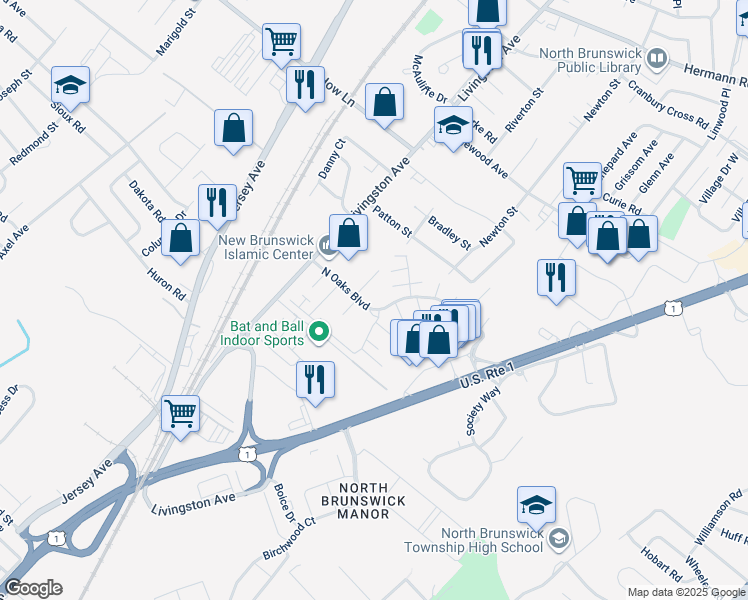 map of restaurants, bars, coffee shops, grocery stores, and more near 5502 North Oaks Boulevard in North Brunswick Township
