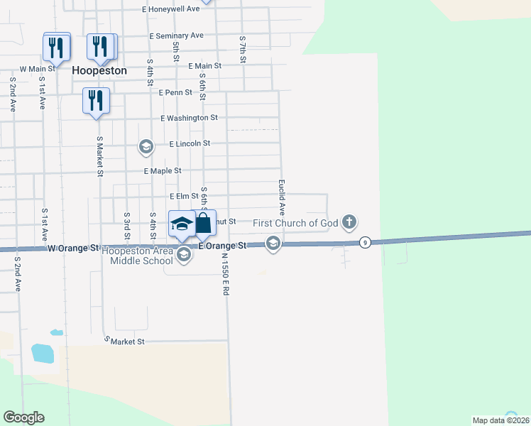 map of restaurants, bars, coffee shops, grocery stores, and more near 801-863 East Elm Street in Hoopeston