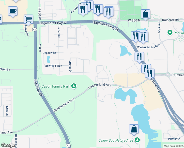 map of restaurants, bars, coffee shops, grocery stores, and more near 3035 Bluster Court in West Lafayette