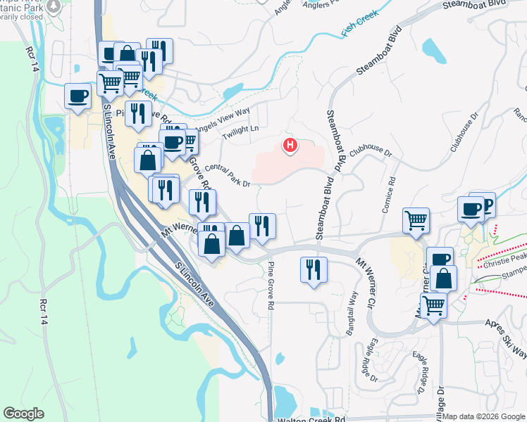 map of restaurants, bars, coffee shops, grocery stores, and more near 2000 Trollhaugen Court in Steamboat Springs