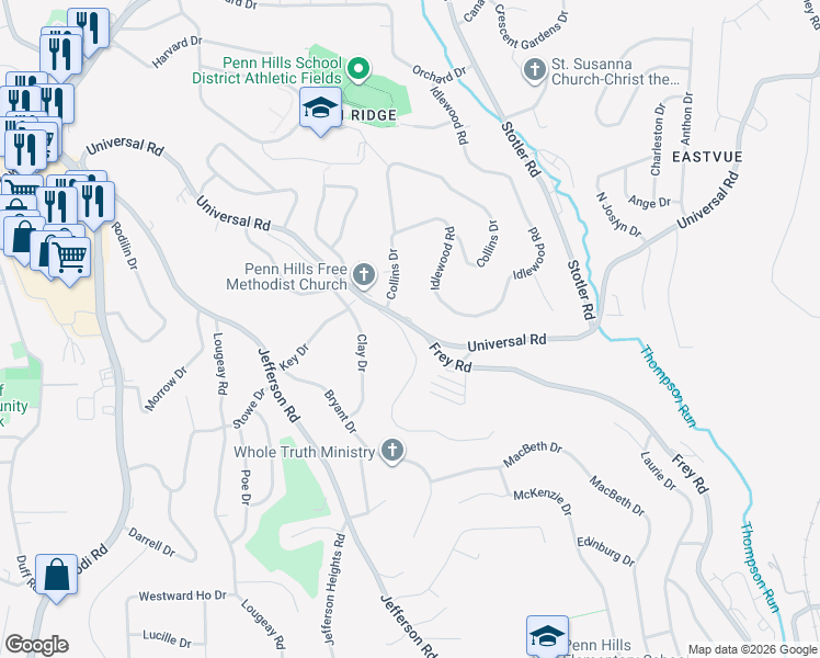 map of restaurants, bars, coffee shops, grocery stores, and more near 815 Universal Road in Pittsburgh