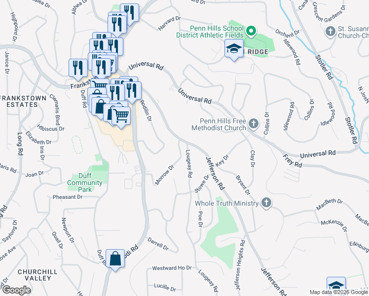 map of restaurants, bars, coffee shops, grocery stores, and more near 438 Jefferson Road in Pittsburgh