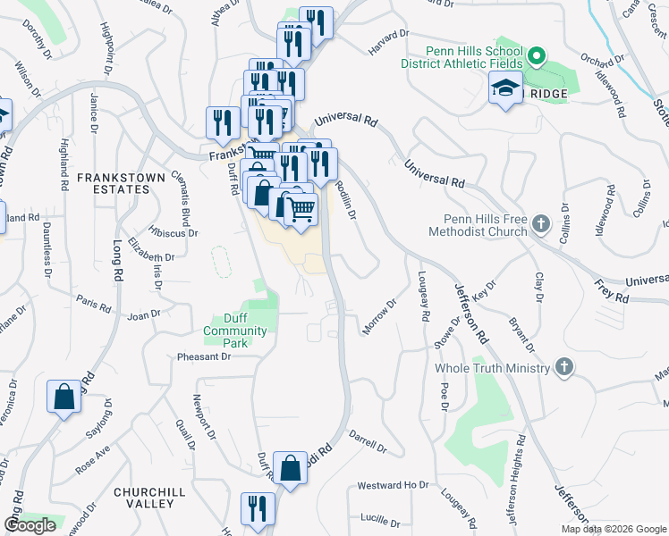 map of restaurants, bars, coffee shops, grocery stores, and more near Rodi Road in Penn Hills