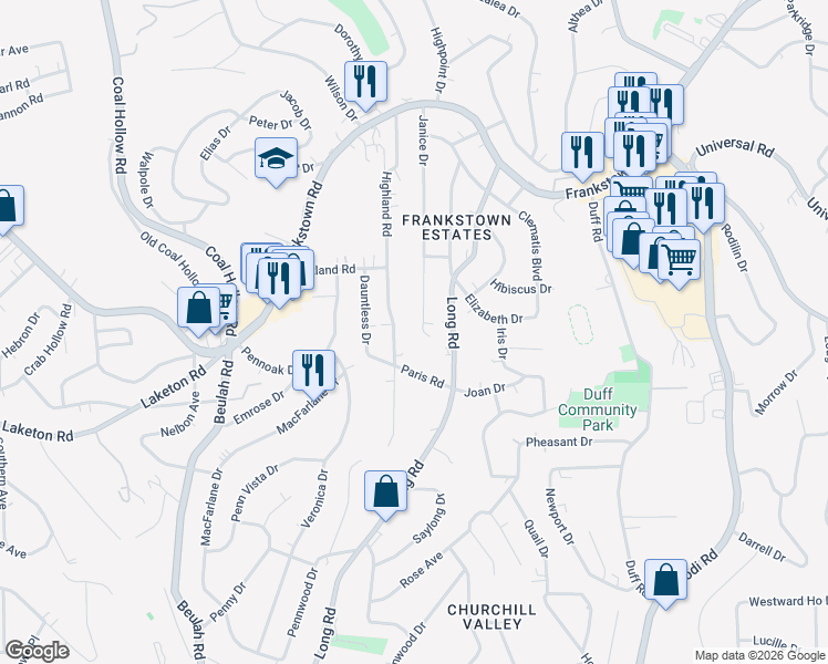 map of restaurants, bars, coffee shops, grocery stores, and more near 347 Highland Road in Pittsburgh