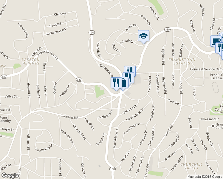 map of restaurants, bars, coffee shops, grocery stores, and more near 10525 Frankstown Road in Penn Hills