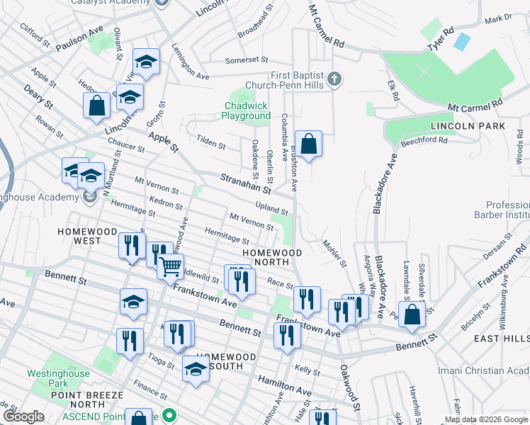 map of restaurants, bars, coffee shops, grocery stores, and more near in Pittsburgh