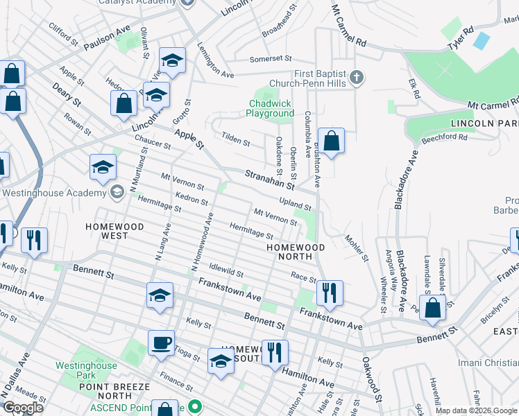 map of restaurants, bars, coffee shops, grocery stores, and more near 7320 Upland Street in Pittsburgh