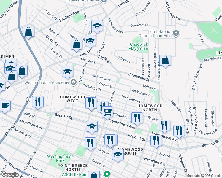 map of restaurants, bars, coffee shops, grocery stores, and more near 7140 Kedron Street in Pittsburgh