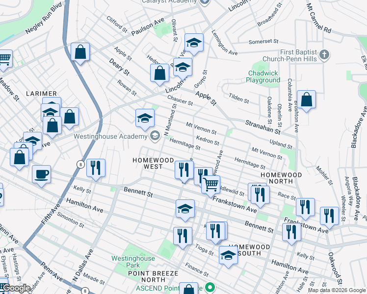 map of restaurants, bars, coffee shops, grocery stores, and more near 7022 Hermitage Street in Pittsburgh