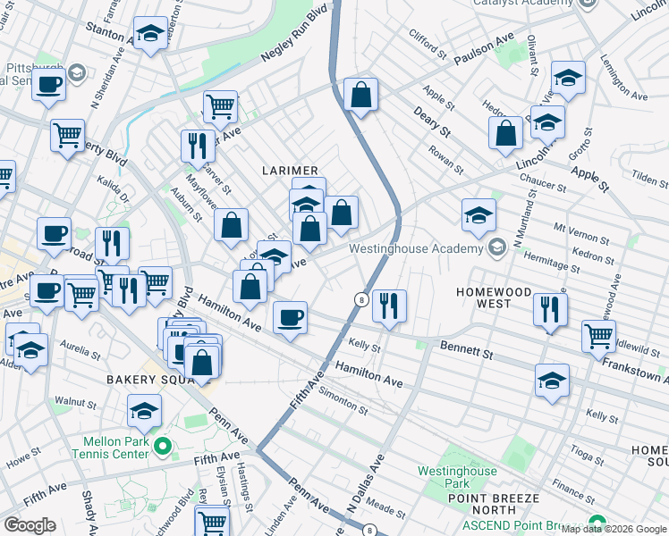 map of restaurants, bars, coffee shops, grocery stores, and more near 529 Finley Street in Pittsburgh