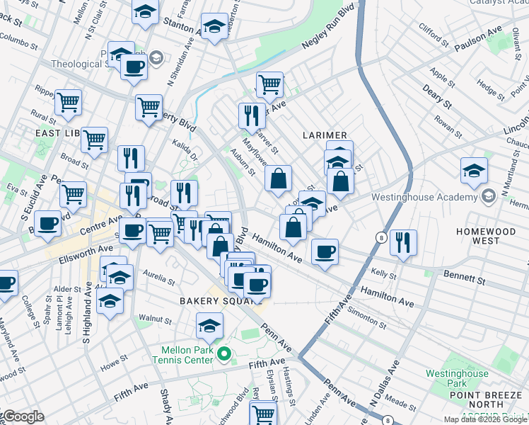 map of restaurants, bars, coffee shops, grocery stores, and more near 230 Auburn Street in Pittsburgh