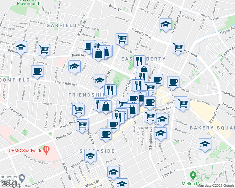 map of restaurants, bars, coffee shops, grocery stores, and more near 225 Amber Street in Pittsburgh