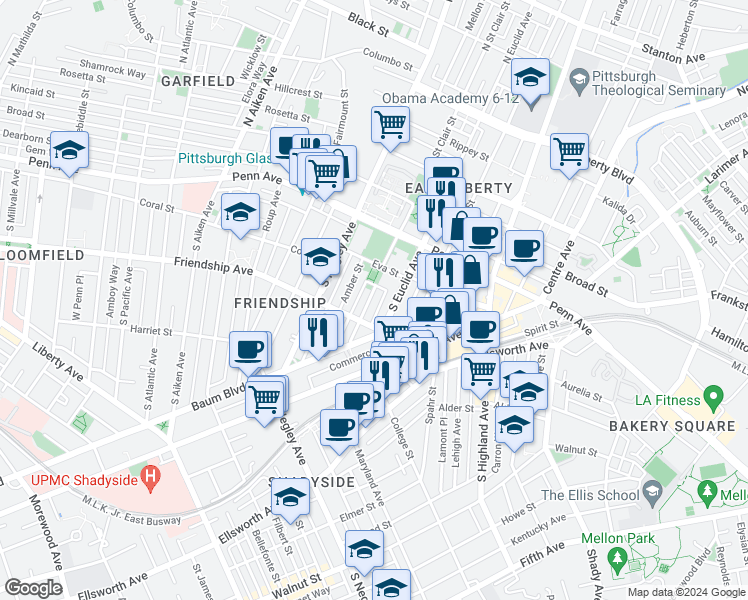 map of restaurants, bars, coffee shops, grocery stores, and more near 225 Amber Street in Pittsburgh