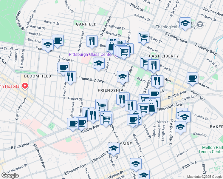 map of restaurants, bars, coffee shops, grocery stores, and more near in Pittsburgh