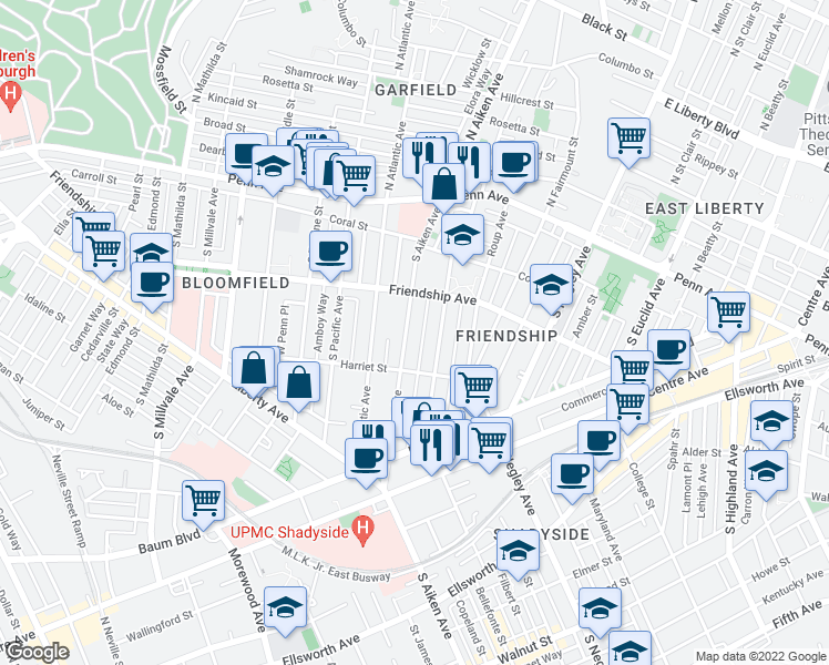 map of restaurants, bars, coffee shops, grocery stores, and more near 330 South Aiken Avenue in Pittsburgh