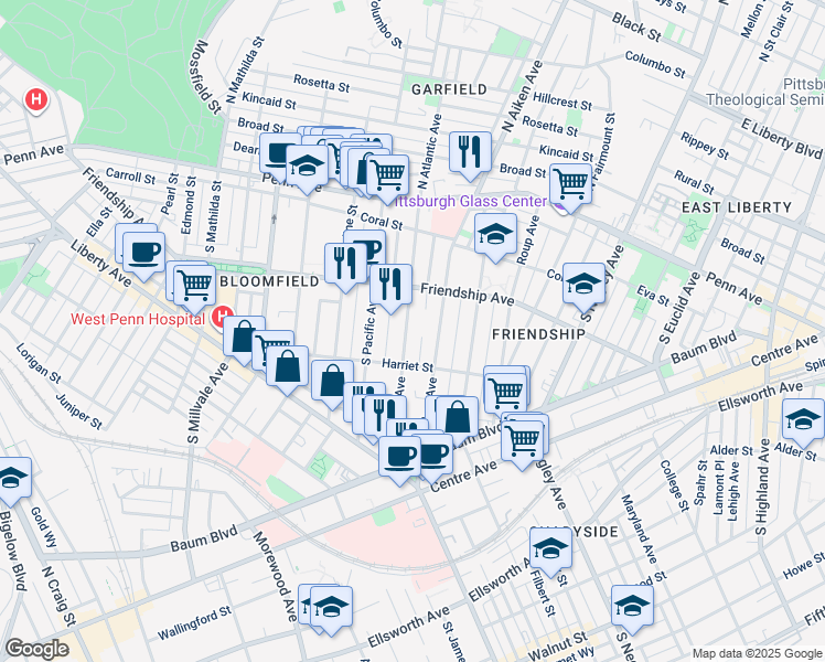 map of restaurants, bars, coffee shops, grocery stores, and more near 342 South Atlantic Avenue in Pittsburgh