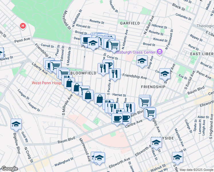 map of restaurants, bars, coffee shops, grocery stores, and more near 332 South Pacific Avenue in Pittsburgh