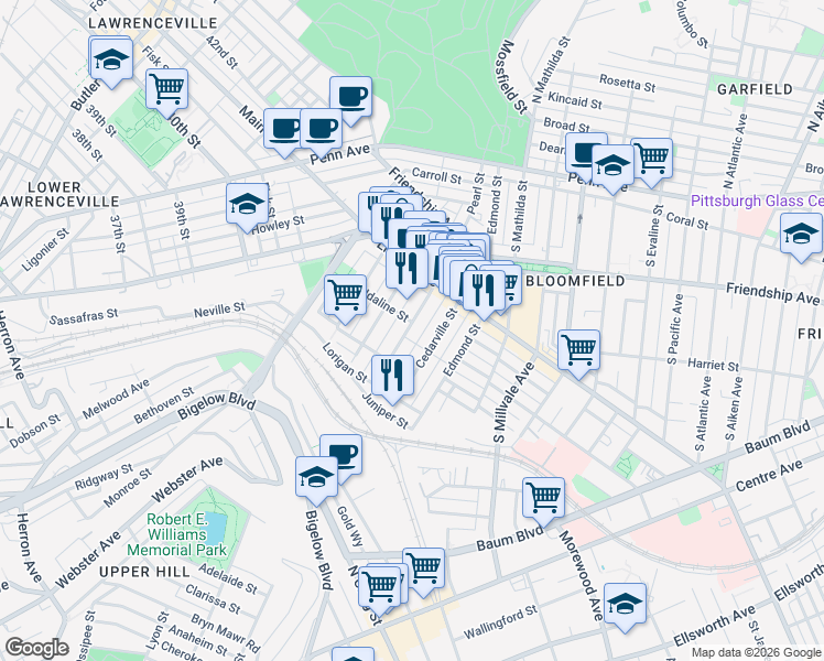map of restaurants, bars, coffee shops, grocery stores, and more near 405 Sapphire Way in Pittsburgh