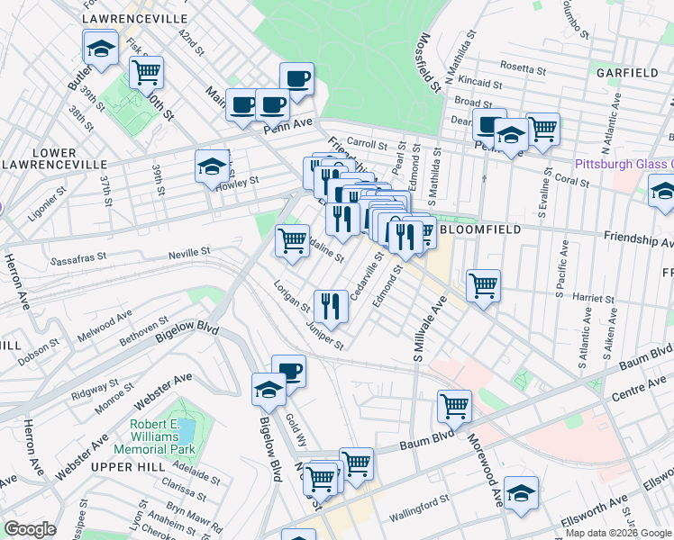 map of restaurants, bars, coffee shops, grocery stores, and more near 405 Sapphire Way in Pittsburgh