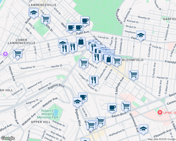 map of restaurants, bars, coffee shops, grocery stores, and more near 425 Orwell Way in Pittsburgh