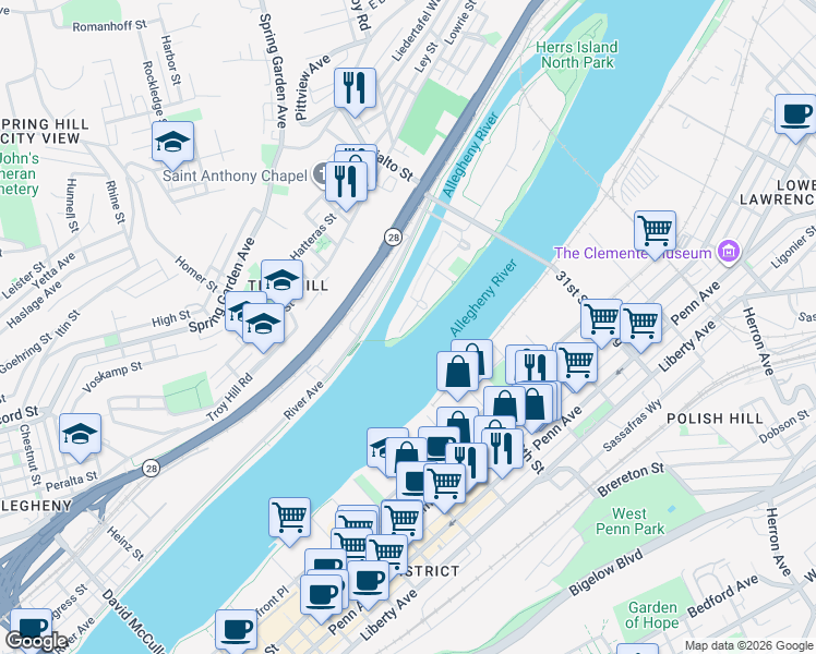 map of restaurants, bars, coffee shops, grocery stores, and more near 82 Waterfront Drive in Pittsburgh