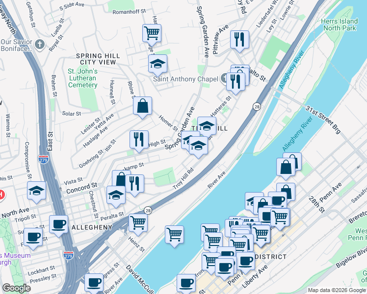 map of restaurants, bars, coffee shops, grocery stores, and more near 1329 Spring Garden Avenue in Pittsburgh