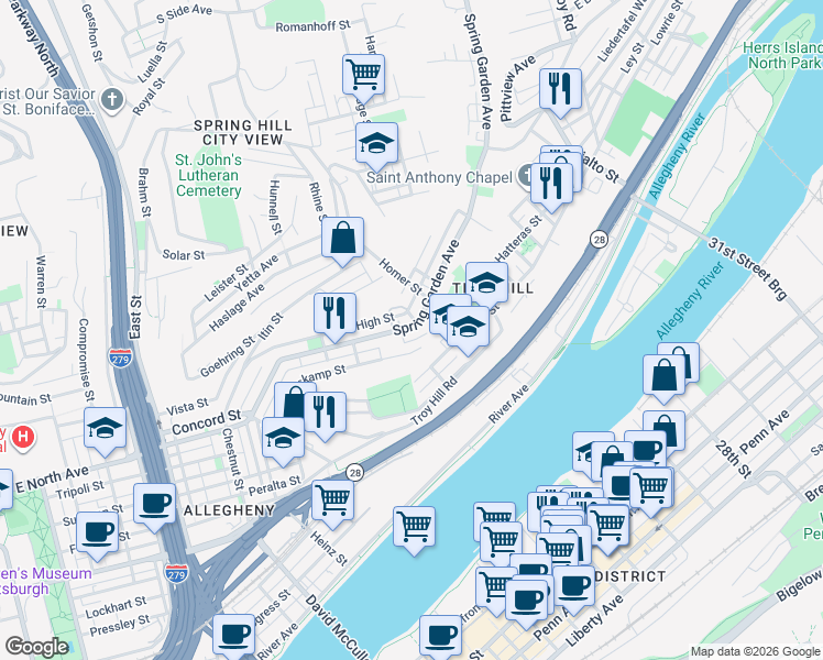 map of restaurants, bars, coffee shops, grocery stores, and more near 1329 Spring Garden Avenue in Pittsburgh