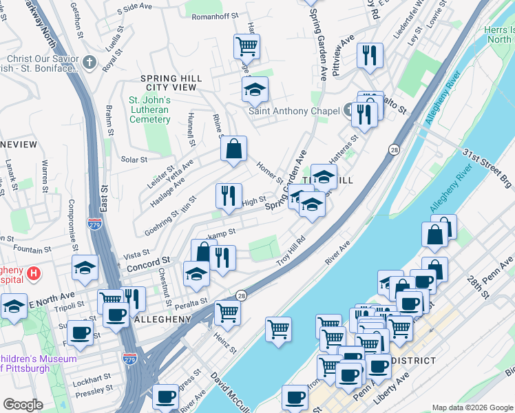 map of restaurants, bars, coffee shops, grocery stores, and more near 1266 Spring Garden Avenue in Pittsburgh
