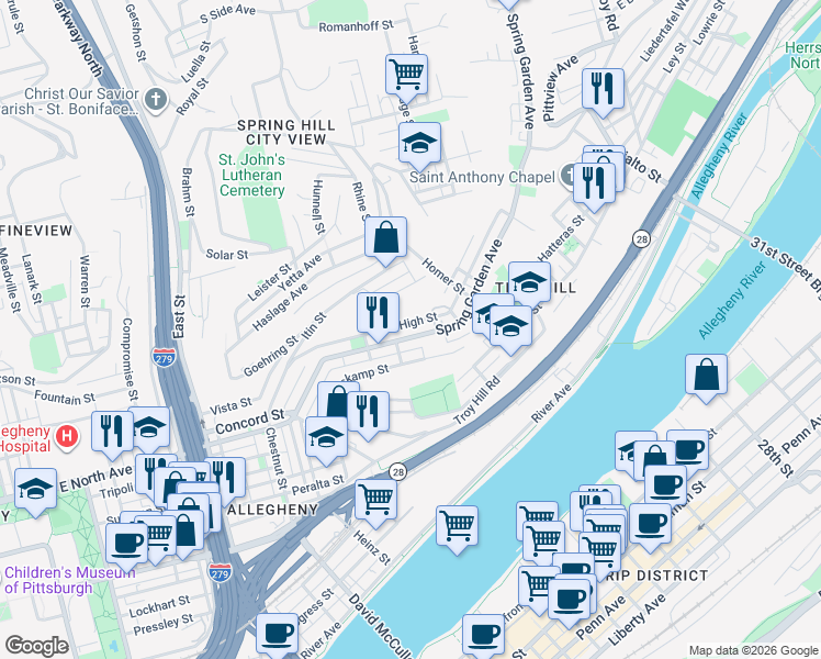 map of restaurants, bars, coffee shops, grocery stores, and more near 1232 High Street in Pittsburgh