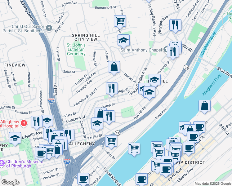 map of restaurants, bars, coffee shops, grocery stores, and more near 1232 High Street in Pittsburgh