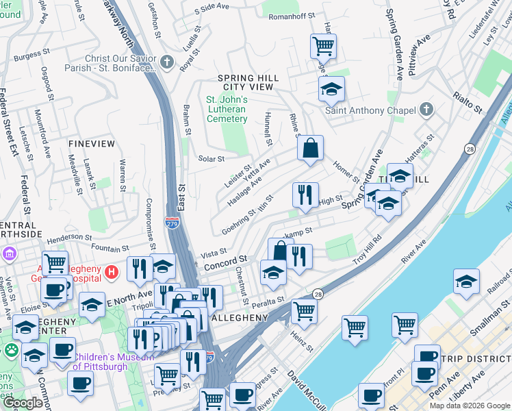 map of restaurants, bars, coffee shops, grocery stores, and more near 999 Haslage Avenue in Pittsburgh
