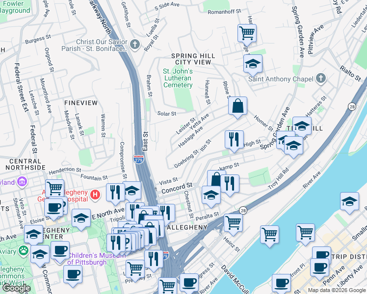 map of restaurants, bars, coffee shops, grocery stores, and more near 999 Haslage Avenue in Pittsburgh